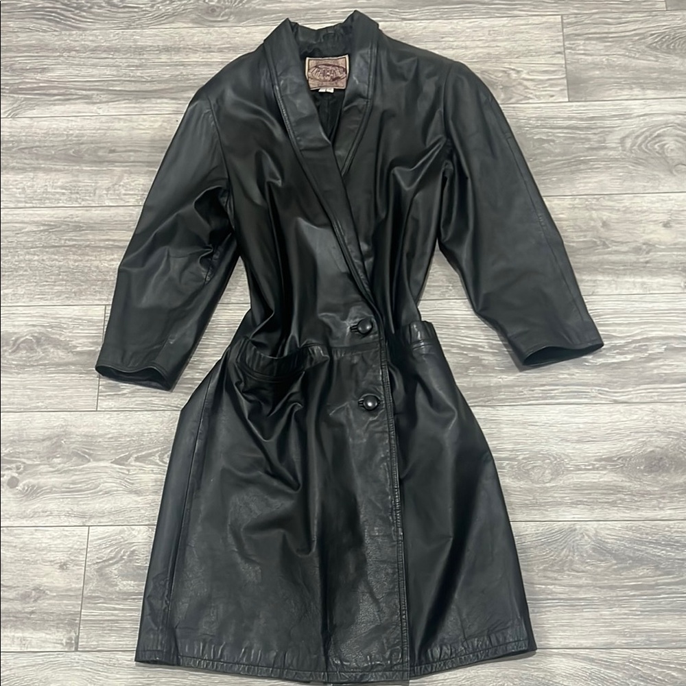 Vintage Black Leather Trench Coat